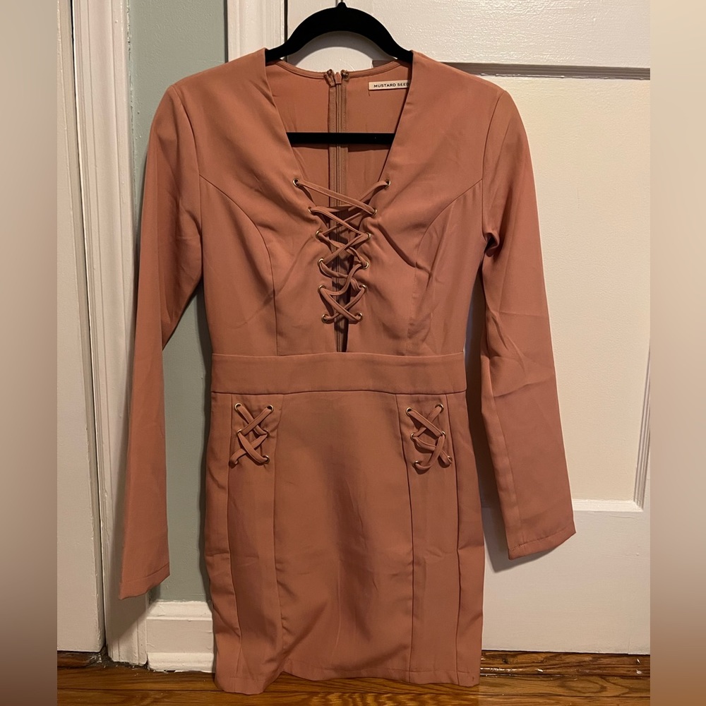 Pink Lace-Up Long Sleeve Dress - SMALL